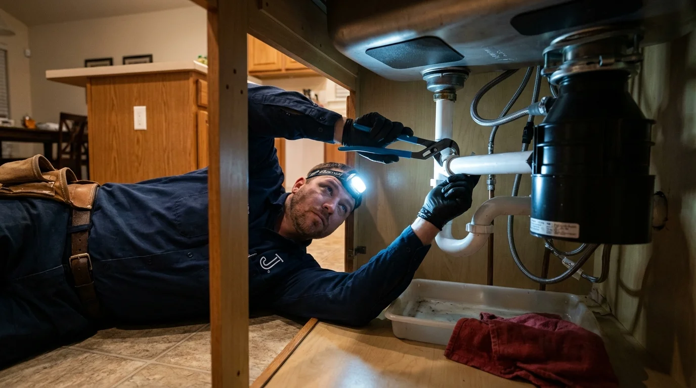 P-trap and supply line connections under a kitchen sink showing a common leak point in Midway, FL